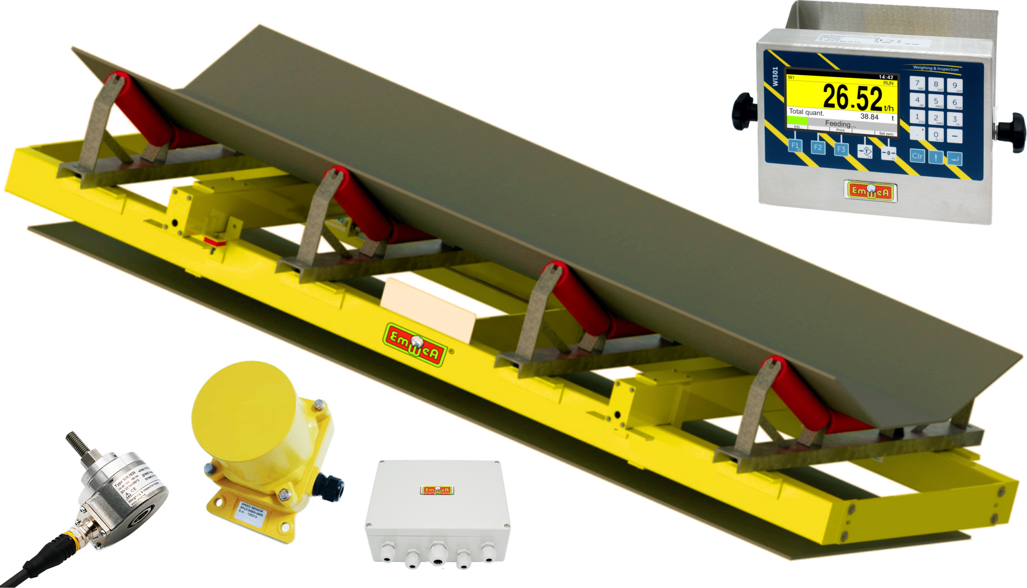 Bandwaagen-System bestehend aus Wägemechanik, Geschwindigkeissensor, Anschlusskasten und Integrator. Messtechnik von EmWeA - Wir lieben Sensorik.